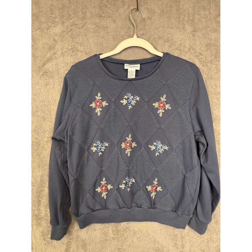 Alfred Dunner Petite‎ Blue Floral Embroidered Quilted Argyle Sweatshirt Medium P